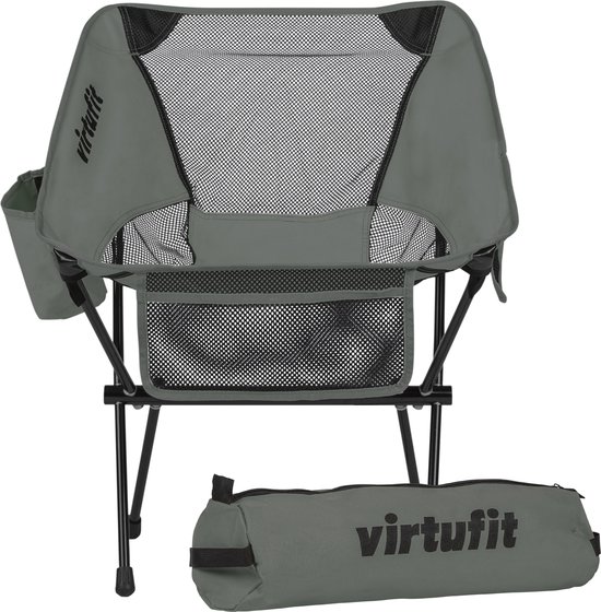 VirtuFit Camping Stoel Compact - Strandstoel - Inclusief Draagtas - Geschikt voor Festivals, Campings & Stranden - Inclusief armsteunen - Eenvoudig Meenemen en Opzetten - Grijs van VirtuFit