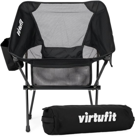 VirtuFit Camping Stoel Compact - Strandstoel - Inclusief Draagtas - Geschikt voor Festivals, Campings & Stranden - Inclusief armsteunen - Eenvoudig Meenemen en Opzetten - Zwart