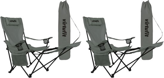 VirtuFit Opvouwbare Camping Stoel met Voetsteun - Set van 2 - Strandstoel - Grijs - Inclusief Draagtas, Bekerhouder en Opbergvak