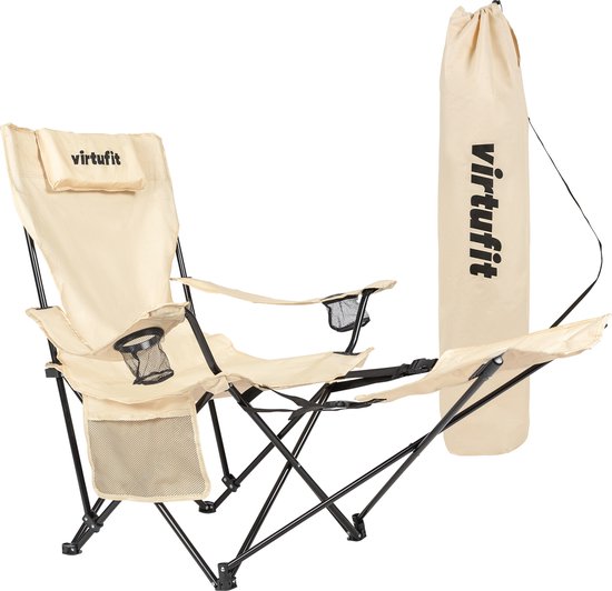 VirtuFit Opvouwbare Camping Stoel met Voetsteun - Strandstoel - Beige - Inclusief Draagtas, Bekerhouder en Opbergvak