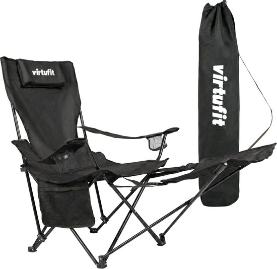 VirtuFit Opvouwbare Camping Stoel met Voetsteun - Strandstoel - Zwart - Inclusief Draagtas, Bekerhouder en Opbergvak