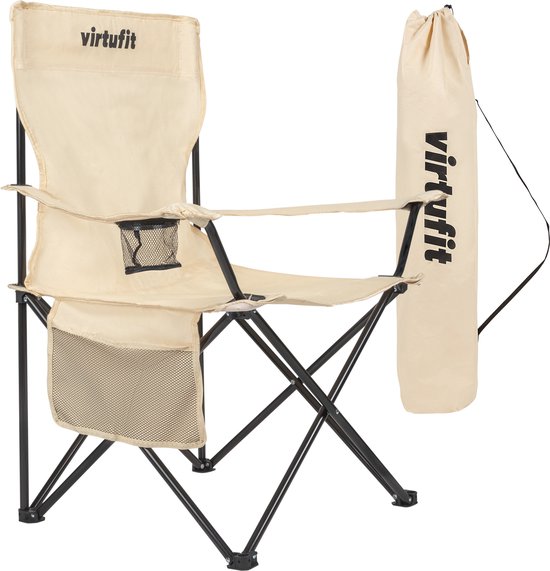 VirtuFit Opvouwbare Camping Stoel - Strandstoel - Inclusief Draagtas - Geschikt voor Festivals, Campings & Stranden - Inclusief armsteunen - Eenvoudig Meenemen en Opzetten - Beige van VirtuFit