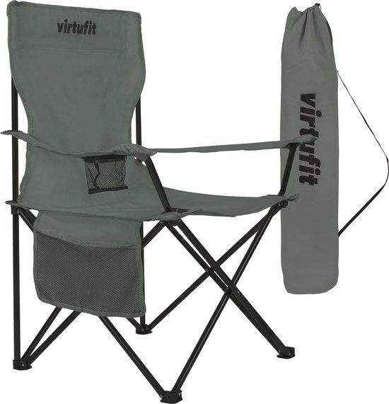 VirtuFit Opvouwbare Camping Stoel - Strandstoel met Armsteunen - Grijs - Inclusief Draagtas - Voor Festivals, Campings & Stranden