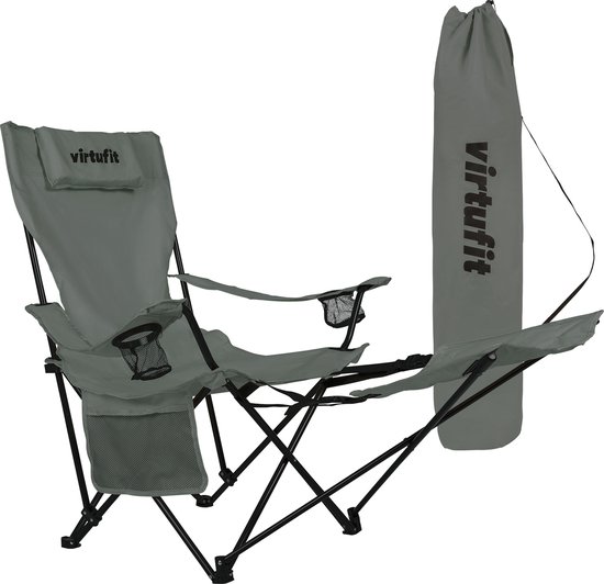 VirtuFit Opvouwbare Camping Stoel - Strandstoel - met voetsteun - Inclusief Draagtas - Geschikt voor Festivals, Campings & Stranden - Inclusief armsteunen - Eenvoudig Meenemen en Opzetten - Grijs van Merkloos