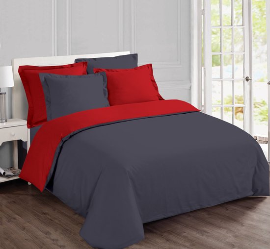 VISION Bicolor - Tweezijdig omkeerbaar Dekbedovertrekset - 100% katoen: zacht en soepel - Eenpersoons - Dekbedovertrek 140 x 200 cm met 1 bijhorende sloop - Grijs / Rood - Oekotex gecertificeerd van VISION Bicolor
