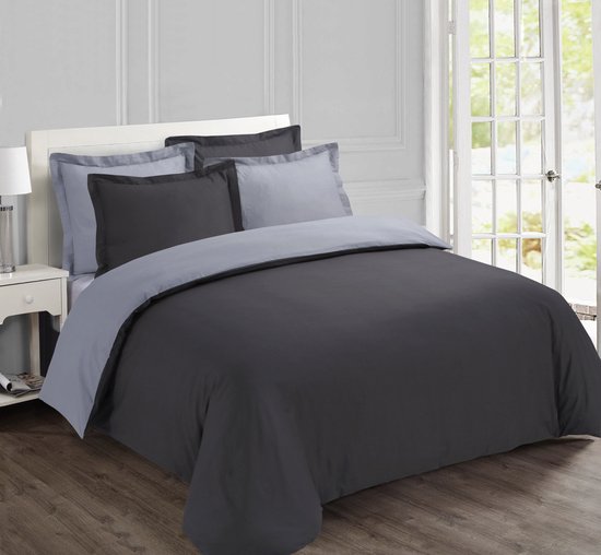 VISION Bicolor - Tweezijdig omkeerbaar Dekbedovertrekset - 100% katoen: zacht en soepel - Kingsize - Dekbedovertrek 260 x 240 cm met 2 bijhorende slopen - Antraciet / Grijs - Oekotex gecertificeerd van VISION