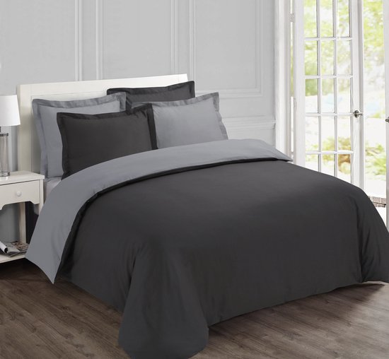 VISION Bicolor - Tweezijdig omkeerbaar Dekbedovertrekset - Lits-jumeaux - Dekbedovertrek 240 x 220 cm met 2 bijhorende slopen - 100% katoen - Antraciet/grijs van VIVA Spanje