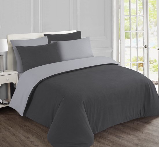 VISION Flanel - Tweezijdig omkeerbaar Dekbedovertrekset - 100% katoen flanel: warm en zacht - Lits-jumeaux - Dekbedovertrek 240 x 220 cm met 2 bijhorende slopen - Grijs / Antraciet - Oekotex gecertificeerd van Merkloos