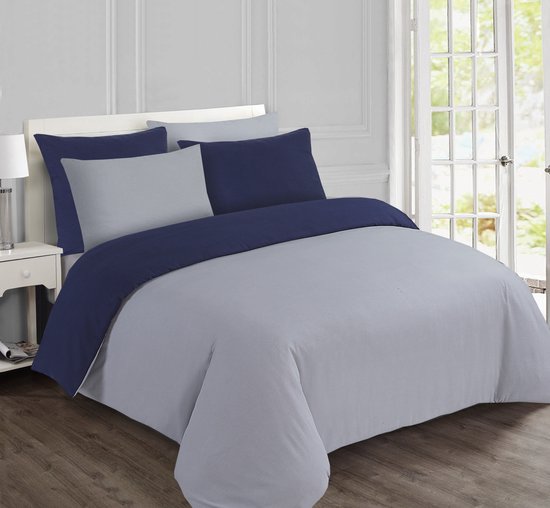 VISION Flanel - Tweezijdig omkeerbaar Dekbedovertrekset - 100% katoen flanel: warm en zacht - Lits-jumeaux - Dekbedovertrek 240 x 220 cm met 2 bijhorende slopen - Grijs / Blauw - Oekotex gecertificeerd van Merkloos