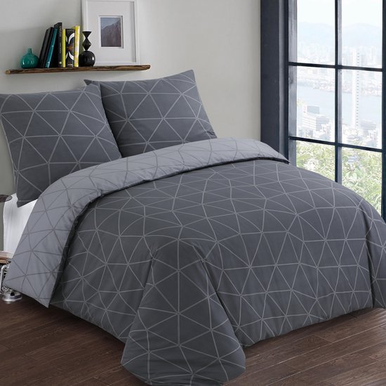 VISION Hugo - Tweezijdig omkeerbaar Dekbedovertrekset - 100% katoen: zacht en soepel - Kingsize - Dekbedovertrek 260 x 240 cm met 2 bijhorende slopen - Antraciet / Grijs - Oekotex gecertificeerd van VISION
