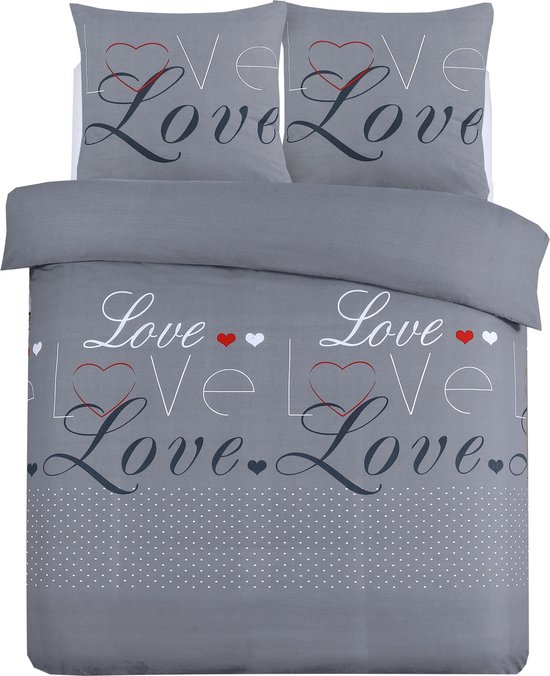 VISION Love Flanel Dekbedovertrekset - 100% katoen flanel: warm en zacht - Tweepersoons - Dekbedovertrek 200 x 200 cm met 2 bijhorende slopen - Grijs - Oekotex gecertificeerd van Merkloos