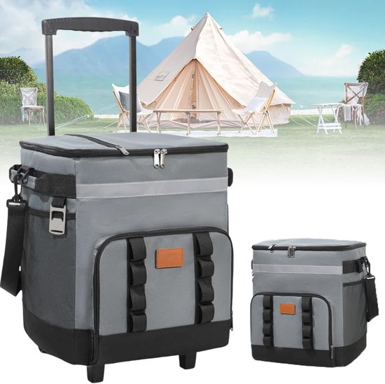 Vitdipy - Koeltas rugzak - 35 Liter - 3 Laags Geïsoleerde - Picknicktas - Met Wielen en Telescopisch Handvat - Grijs van Merkloos