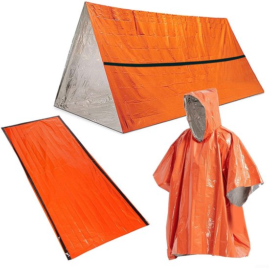 VLEMICO- Overlevingskit 3-in-1 - Waterdichte Regenjas - Slaapzak - Tent - Duurzaam PE-materiaal - Warmte-reflecterend ontwerp - Survivalkit