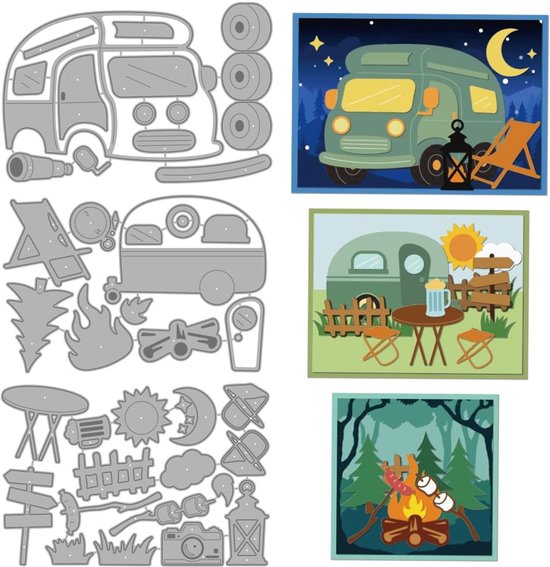 VLEMICO- Snijmalen Camping Thema - Snijmalen voor Kaarten - Embossing - Koolstofstaal - 3 Stuks - 0,8 mm Dikte - Snijtemplates