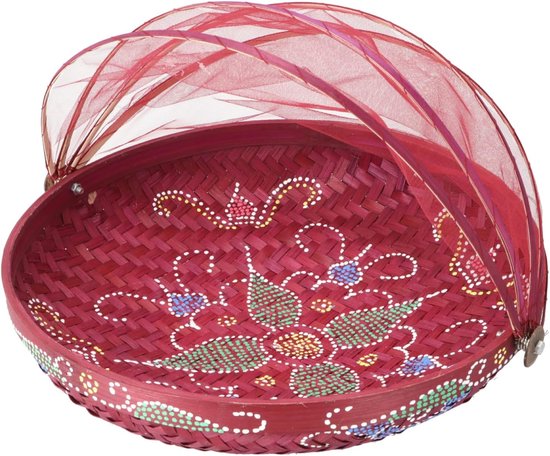 Vliegenbescherming Fruitmand - Vliegenkap Deksel - Voedsel Beschermen - Fair Trade Indonesië - 25 cm Diameter - Wijnrood