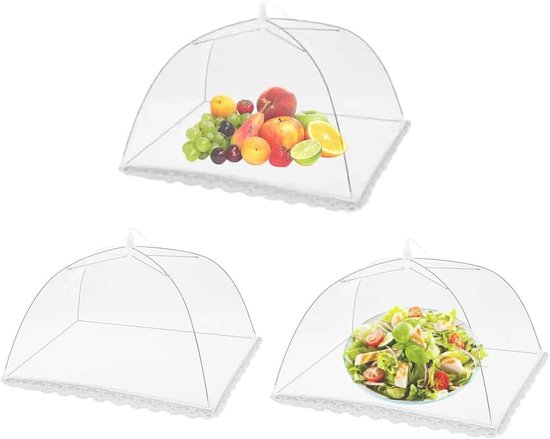 Vliegenkap - 3 stuks - 32 × 32 cm - Vliegenhoes - Opvouwbaar - Voedselhoezen - vliegenhoezen - Pop-up Paraplu Nettent - Insectenbescherming - Herbruikbaar - Geschikt voor Buiten, Camping, Picknick, BBQ - Wit