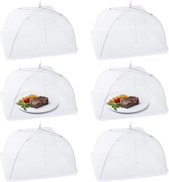 Vliegenkap, set van 6 stolpen voor eten, opvouwbaar, perfecte bescherming voor eten, fruit, picknick, barbecue, 44 x 44 x 30 cm, wit van Relaxdays