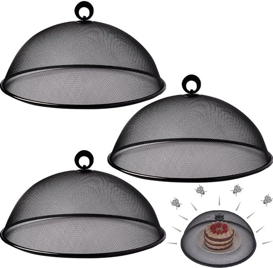 Vliegennet Voedselafdekhoes - Met handvat - Voor keuken, picknick en buiten - Zwart, 3 stuks