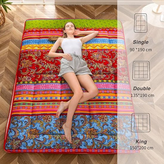 Vloermatras Futon 90 x 190 cm – Extra Dik Japans Futonmatras met Boheems Bloemenpatroon – Oprolbaar Slaapmatras voor Vloer, Camping, Logees & Tatami Bed – Pauwhome van Pauwhome