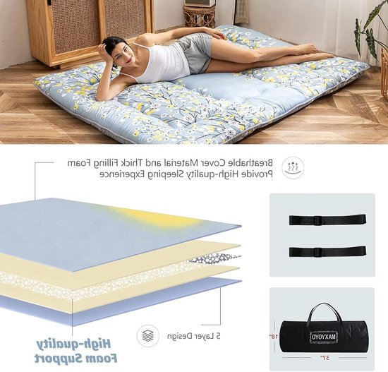 Vloermatras - Japanse futon - Comfortabel slapen - Hoge dichtheid schuim - Twin 99x203 cm - Kleine bloemen