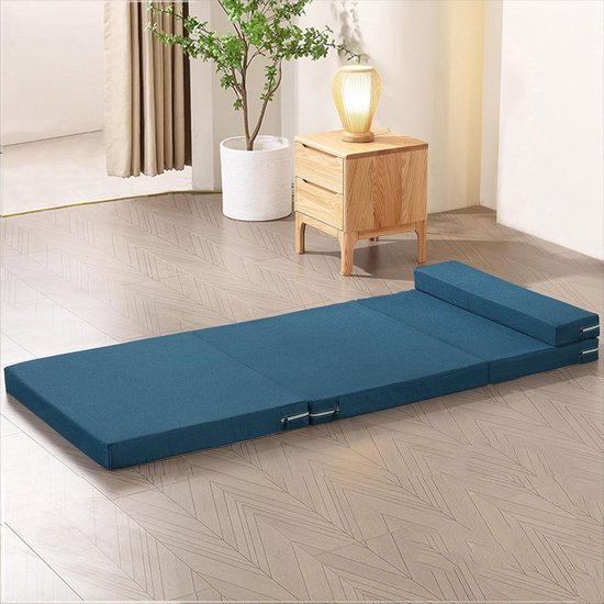 Vloermatras Kussen - Opvouwbaar Bed - Extra Slaapplek - Met Ingebouwd Kussen - 200 cm Lengte - Blauw