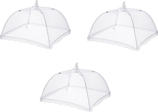 Voedselkap - Vliegenkap - Set van 3 stuks - Wit - Transparant - Groot formaat 40x40x38 cm - barbecue - buiten eten - vliegenbescherming - voedselkapjes - insectenbescherming - opvouwbaar
