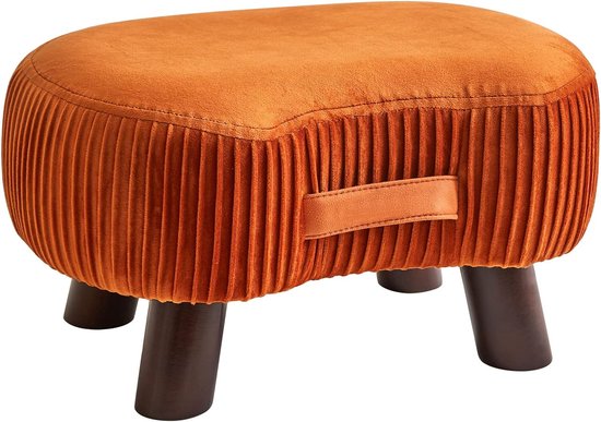 Voetkruk, zitbank met handvat, gebogen opstapkruk met zacht zitkussen, gevoerde kruk van fluweel, massief hout, voor woonkamer, kinderkamer, 40 x 28 x 23 cm, oranje van Relaxdays