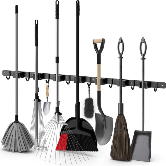 Volcan Bezemhouder - Bezem Ophangsysteem Tuingereedschap - 7 Houders 8 Haken – 3M Tape - Gereedschapshouder - RVS Zwart van Volcan