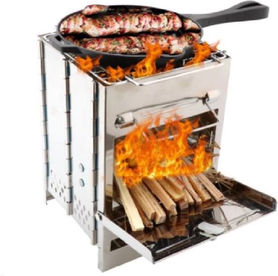 Voline® Camping Kookstel - BBQ - RVS - Hout - Buiten Koken Op Vuur - Camping Kookstel - Kooktoestel - Barbecue - Grill - Grilplaat van Voline