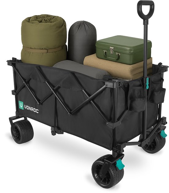 VONROC Bolderkar XL – Opvouwbaar - 80 kg draagvermogen – 200l inhoud - Extra ruim model - Massieve anti-lek wielen - Stevig stalen frame – Polyester 600D - Zwart van VONROC