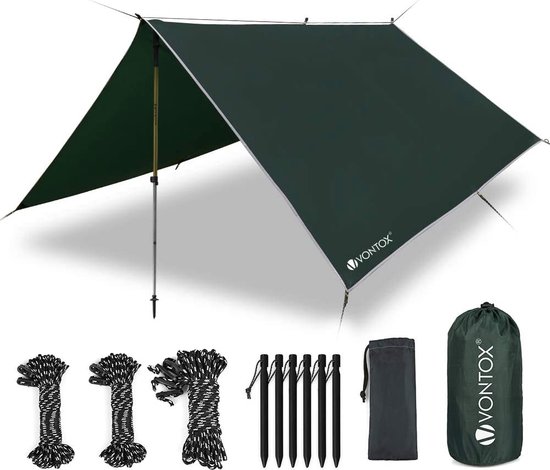 VONTOX P3000 tentzeil, waterdicht, donkergroen, campingtent, tarp, 3 x 3 m, bescherming tegen uv-straling en regen, bescherming tegen de zon, met 6 aluminium pennen en 8 nylon touwen, licht, draagbaar, voor op reis van VONTOX