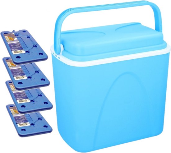 Voordelige grote blauwe koelbox 24 liter - 38 x 26 x 39 cm - met 4x grote koelelementen van 25 x 14 x 1.5 cm van Merkloos