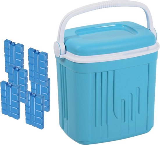 Voordelige normale blauwe koelbox 20 liter - 39 x 28 x 38 cm - met 6x normale koelelementen van 15 x 8 x 2 cm van Moby-Bass