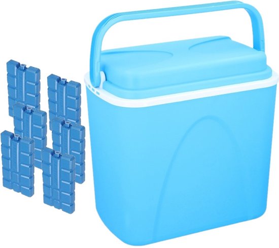 Voordelige normale blauwe koelbox 24 liter - 38 x 26 x 39 cm - met 6x normale koelelementen van 15 x 8 x 2 cm van NLDiscount