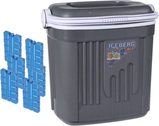 Voordelige normale grijze koelbox 20 liter - 39 x 28 x 38 cm - met 6x normale koelelementen van 15 x 8 x 2 cm van V-Part