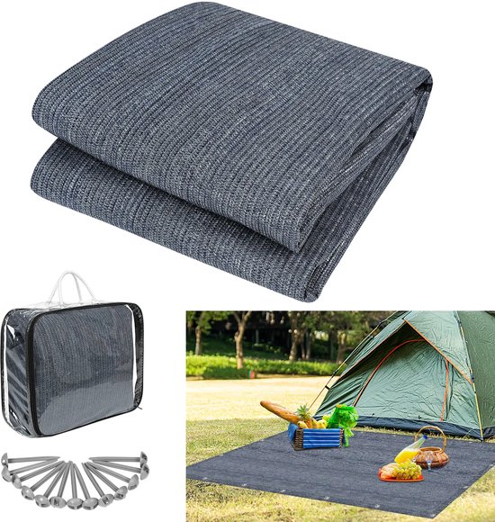 Voortenttapijt Tenttapijt Ondertapijt voor buiten kamperen Voortenttapijt Campingmat Voortenttapijt Voortentvloer van HDPE Tentvloer Zacht met draagtas voor tent Camper Blauw-grijs 300x500cm van Merkloos