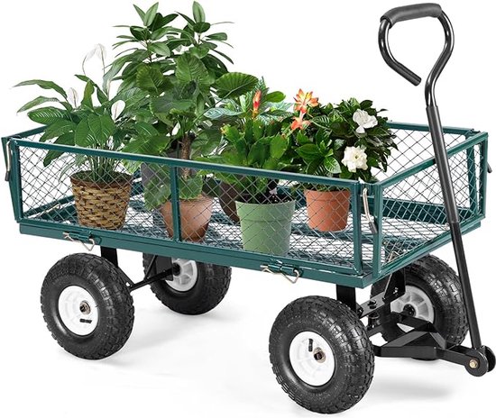 VORLOU - COSTWAY Bolderkar, tuinwagen, metaal, handwagen met afneembare zijdelen en handgreep, 25 cm rubberen wielen, tot 200 kg, transportwagen, platformwagen voor tuin, tuinkar voor transport, groen van Merkloos