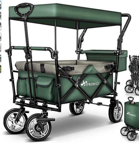 VORLOU - TRESKO Handcart Foldable with Roof, Hand Cart with 3-Point Belt System, Garden Trolley Foldable, Transport Trolley with Solid Rubber Tyres + Brake + Carry Bag van Tresko