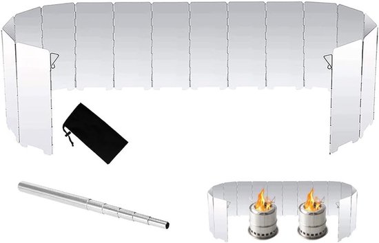 Vouwbaar Aluminium Windscherm voor Kamperen met 16 Lamellen en Telescopische Blazer voor Buitenactiviteiten, Picknicks en Koken