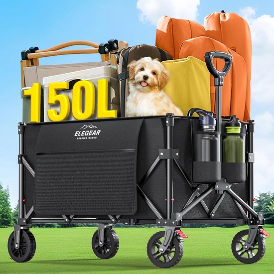 Vouwbare Handkar 150L - 100 kg - Verstelbare Handgreep - 17.5 cm Banden met Lagers - Handkar voor Kinderen - Vouwbare Handkar met Opbergzak en 2 Bekerhouders - Zwart van Merkloos