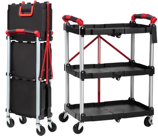 Vouwbare kar met 3 legplanken - Inklapbare dienwagen met zwenkwielen en rem voor garage, magazijn, kantoor en horeca - 66,5 x 38 x 86 cm