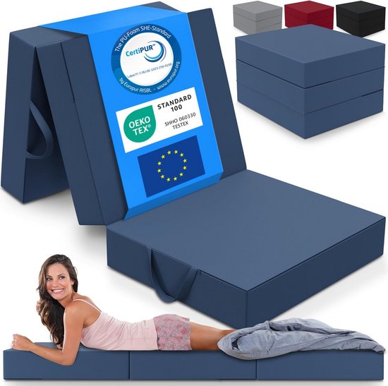Vouwbare Matras - 3 Delige Vouwmatras, Extra Dikke 15cm Schuim, Wasbaar en Draagbaar Volwassen Lodge Matras Eenpersoonsbed (Blauw, 90 x 200 x 15 cm)