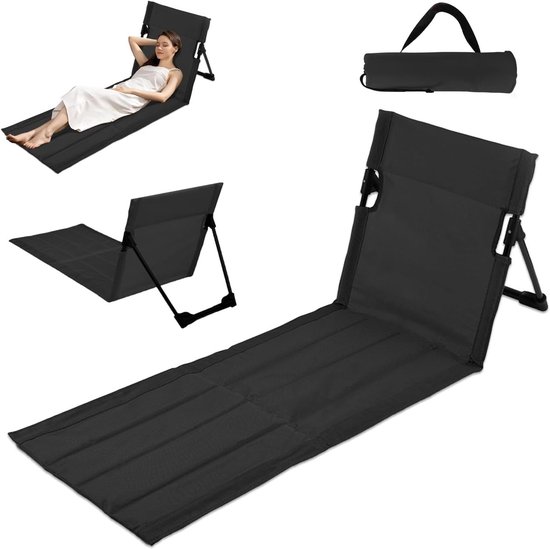 Vouwbare Strandmat met Rugleuning, Lichtgewicht Strandstoel met Uitgebreide Zitting voor Camping, Picknick en Tuingebruik, Zwart