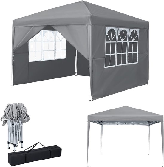 Vouwgazebo 3 x 3 m met 4 Zijpanelen - Tuin Tent voor Feesten, Waterdicht en UV-Bescherming, Verstelbare Hoogte in Lichtgrijs