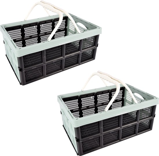 Vouwkrat 40L Zwart/Groen – Set van 2 Opvouwbare Kunststof Boodschappenkratten – Stapelbare Opbergkratten & Fietskratten – Voor Opslag, Verhuizen, Klussen & Supermarkt