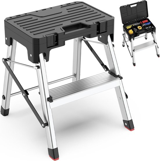 Vouwladder, aluminium trapladder, 2-in-1 opstapkruk met opbergruimte voor gereedschap, draagbare klapkruk, huishoudladder, tot 150 kg belastbaar, 2 treden van Merkloos