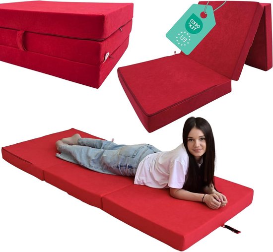 Vouwmatras - Gastenmatras Reismatras - Logeren en Reizen - Compact Opvouwbaar - 80 x 200 x 10 cm - Rood