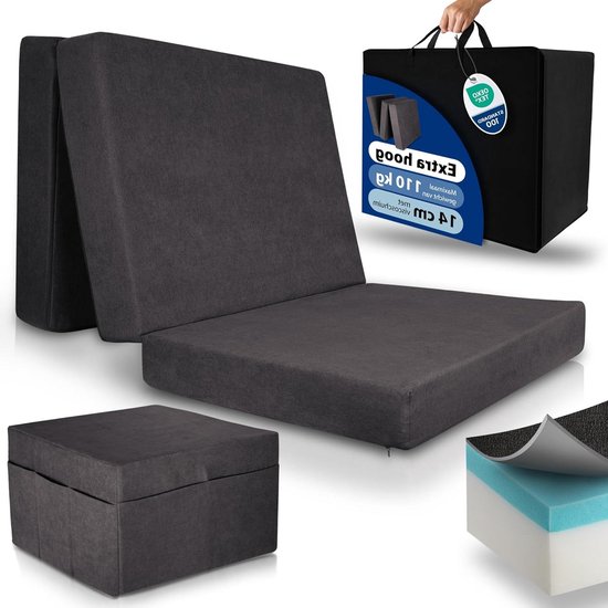 Vouwmatras XL - Gastenmatras Opvouwbaar - Logeren Kamperen - Traagschuim Vulling - 100x200x14 cm - Antraciet