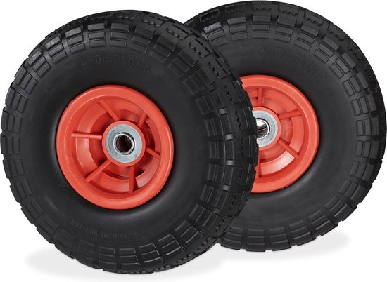 vrachtwagenwiel met 2x zakken lekvrije massieve rubberen banden 41/35-4 inch - 16 mm as tot 150 kg - 260x85 mm - zwart-rood Bolderkar van VDM Tools.