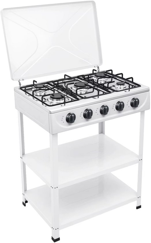 Vrijstaand Gaskooktoestel 5 Branders – Draagbaar - Aardgas – 12,5 kW – Met 2 Opbergplateaus – Voor Buitenkeuken, Camping & Noodsituaties – Wit